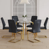 Dining Set Round Glass Table Six Faux Leather Chairs Black - Furniture Home Direct