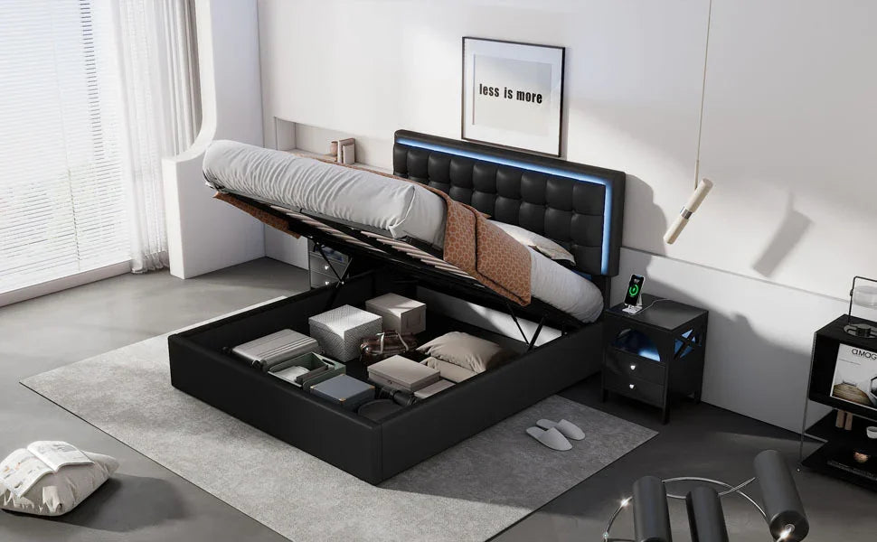 Storage Platform Bed Tufted Upholstered with LED Black - Furniture Home Direct