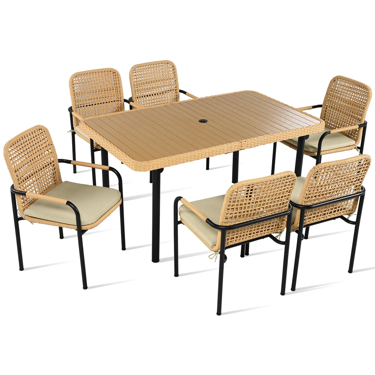 7 Piece Outdoor Dining Set With Wicker Chairs and Oatmeal Cushions - Furniture Home Direct