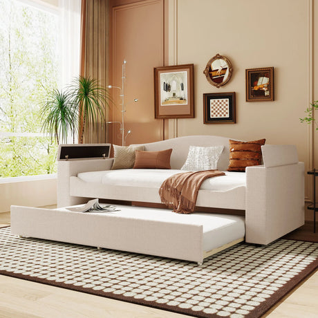 Upholstered Daybed With Storage Armrests, Trundle And Latest Integrated Bluetooth Audio System - Furniture Home Direct