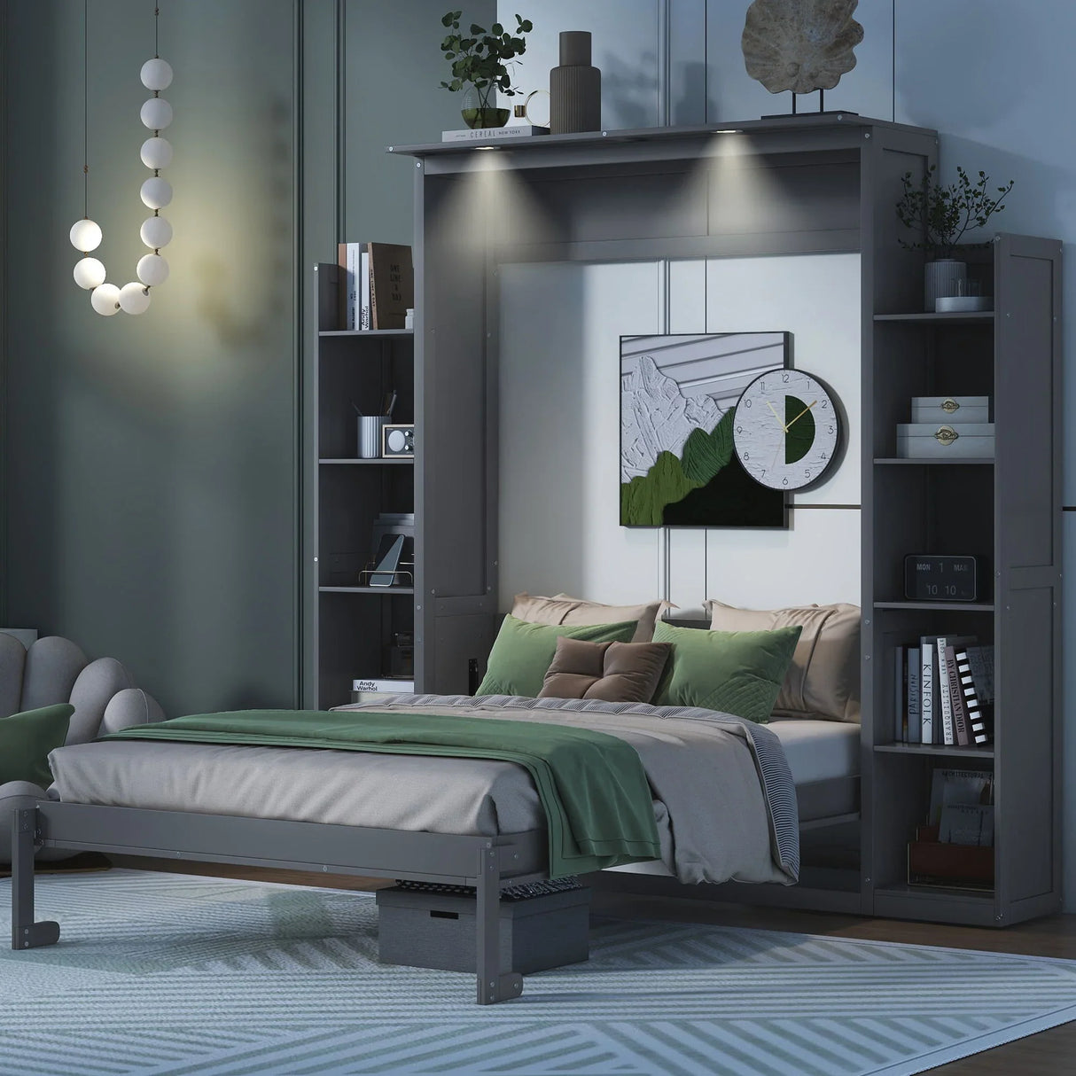 Wall Murphy Bed With Shelves And LED Lights - Furniture Home Direct