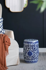 Ceramic Garden Stool, Small Side Tabel - White / Blue - Furniture Home Direct