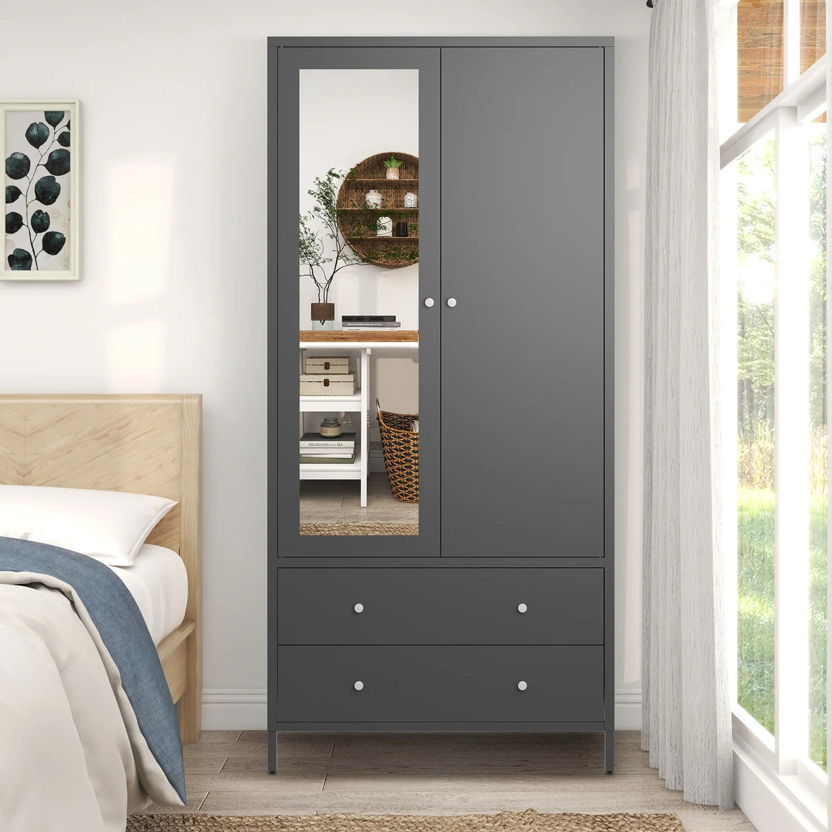 Wardrobe With Mirror Door And Two Drawers Charcoal Gray - Furniture Home Direct