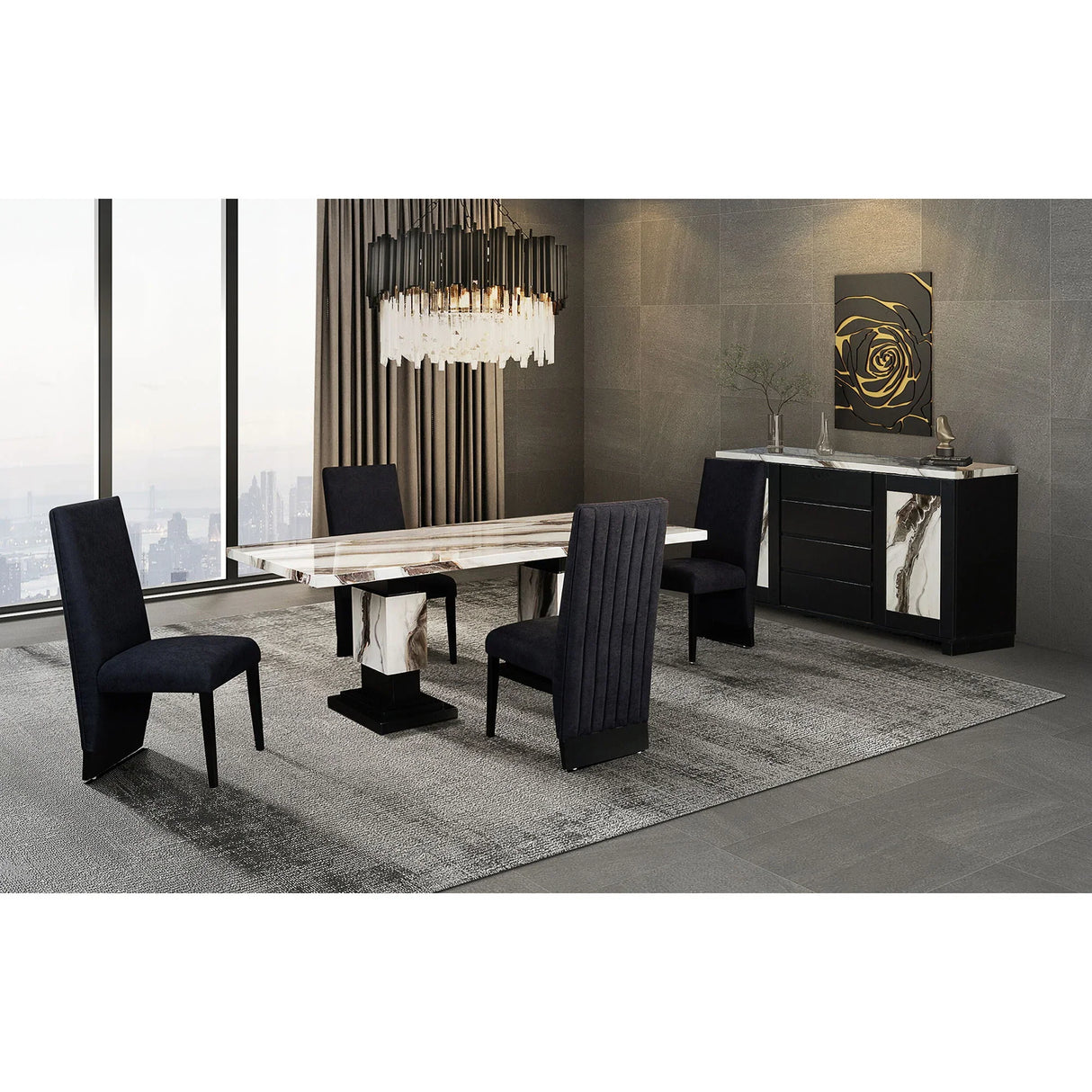 Stacey - Buffet With Storage Drawers And Marble Detailing - Black / Marble - Furniture Home Direct