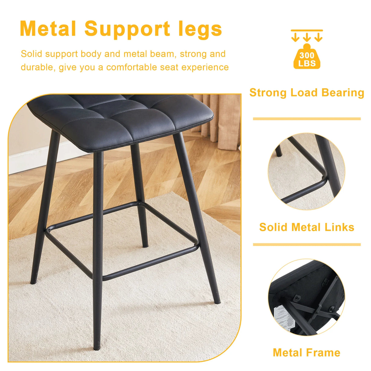 Counter Stool Set Faux Leather Tufted Cushions Black - Furniture Home Direct