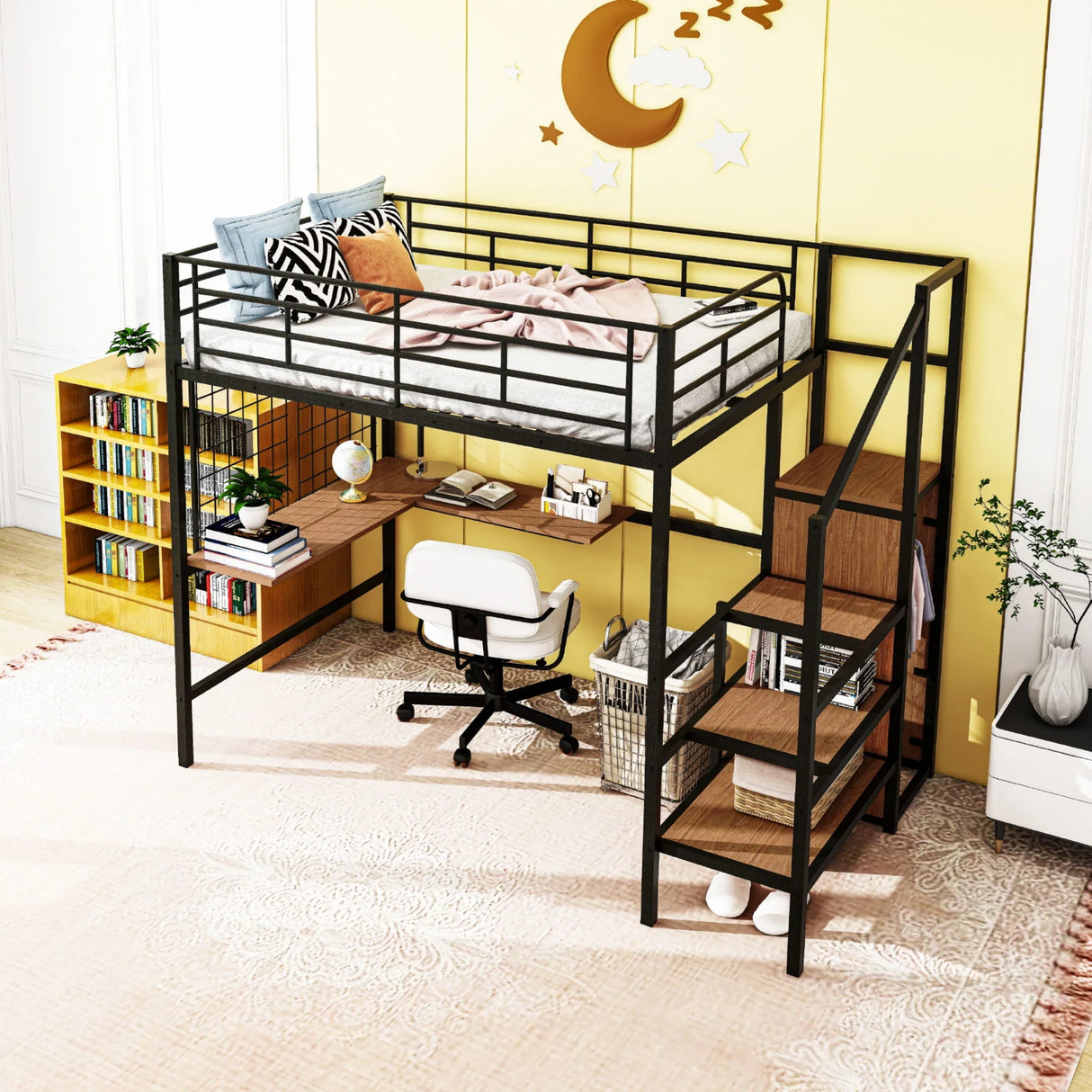 Loft Bed With Desk And Grid, Stylish Frame With Lateral Storage Ladder And Wardrobe - Furniture Home Direct