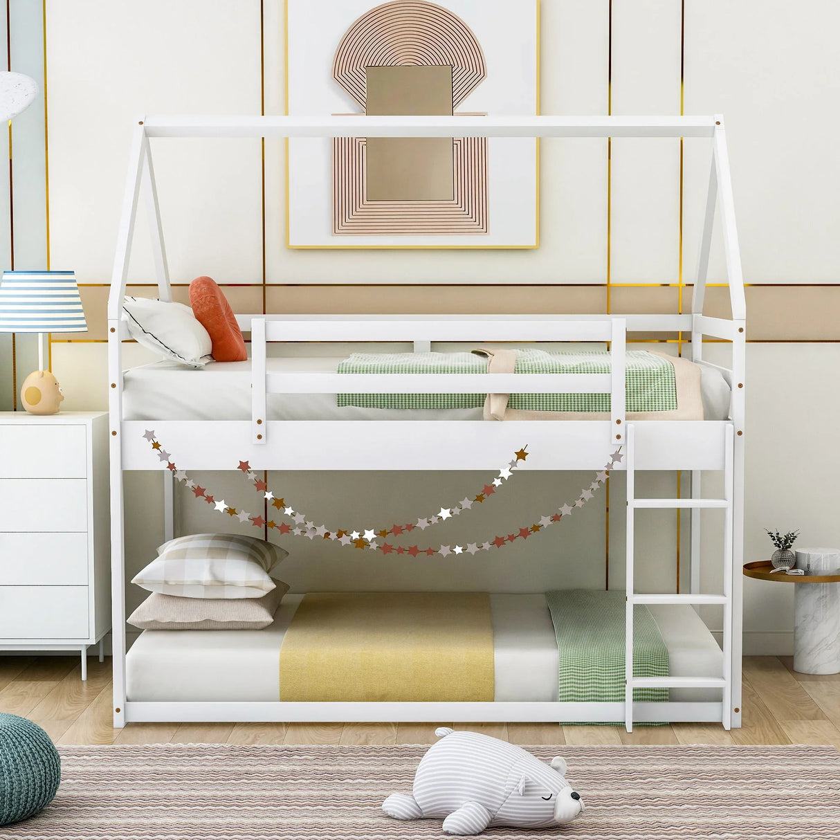 Twin Over Twin Low Bunk Bed, House Bed With Ladder - White - Furniture Home Direct