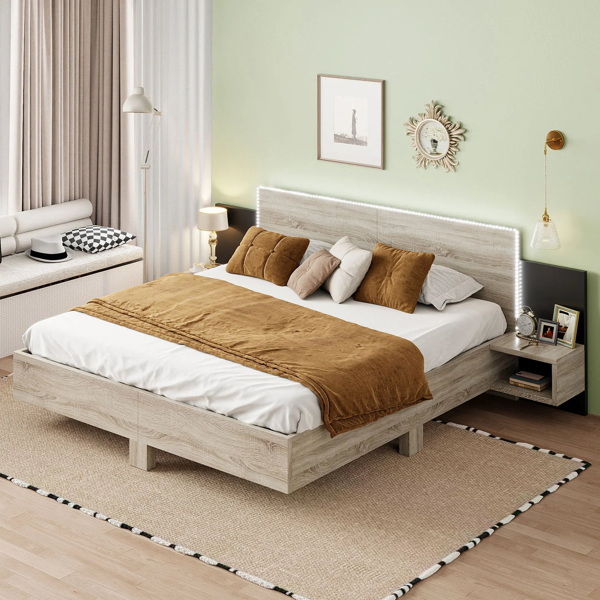 Floating Platform Bed, With LED Lights, Bedside Nightstand - Furniture Home Direct