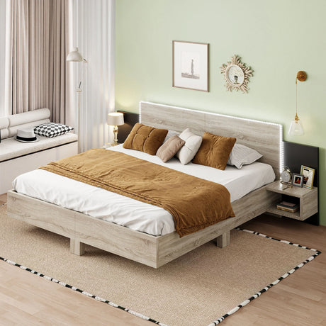 Floating Platform Bed, With LED Lights, Bedside Nightstand - Furniture Home Direct