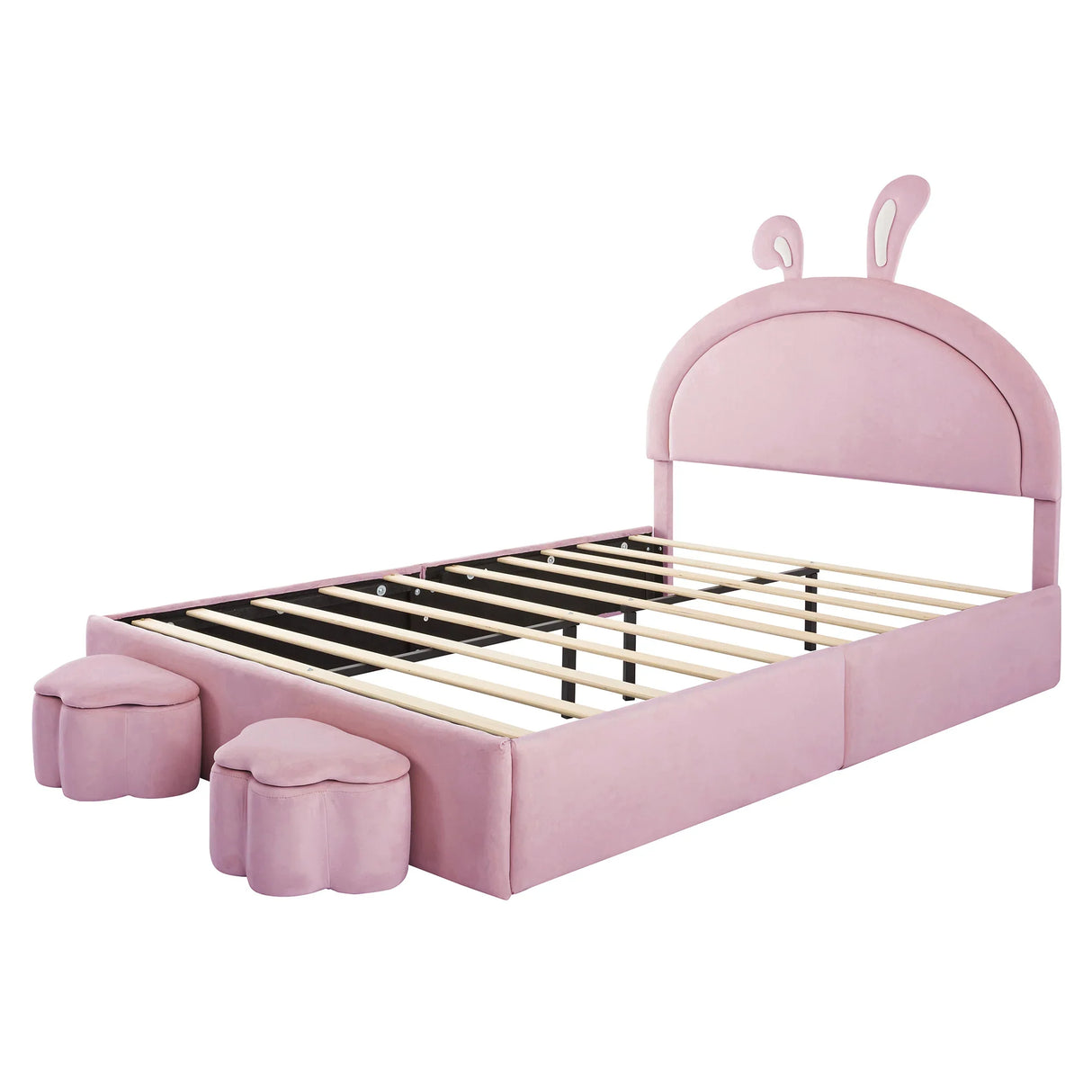 Rabbit Shaped Bed With Storage Stools Upholstered Pink - Furniture Home Direct