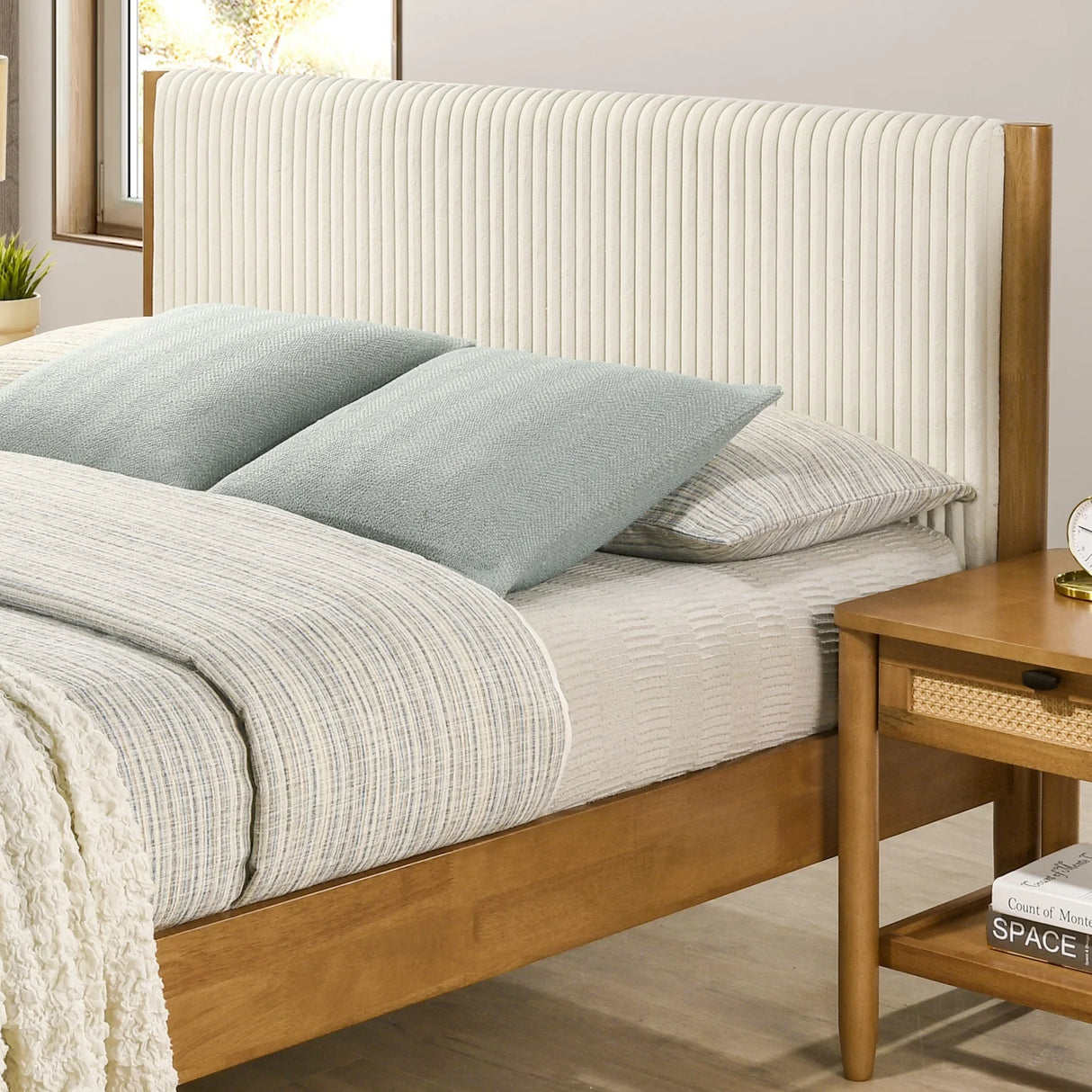 Queen Bed Corduroy Upholstered Contemporary Walnut - Furniture Home Direct