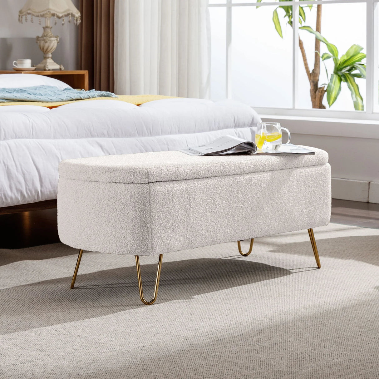 Storage Ottoman Bench For End Of Bed Gold Legs, Modern Camel Faux Fur Entryway Bench Upholstered Padded With Storage For Living Room Bedroom - Furniture Home Direct