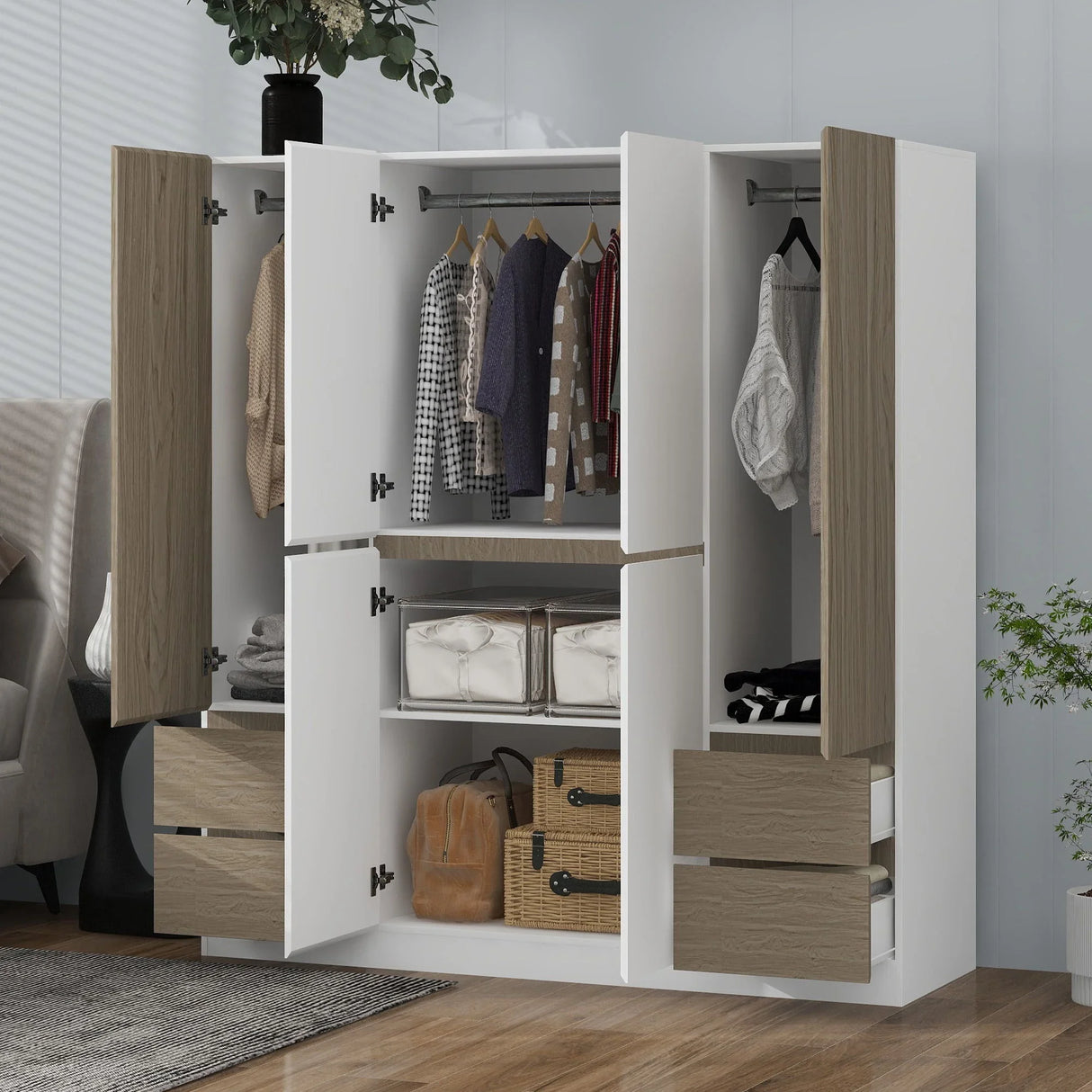 6 Doors Wardrobe Storage For Bedroom, With 4 Drawers - White / Nature - Furniture Home Direct