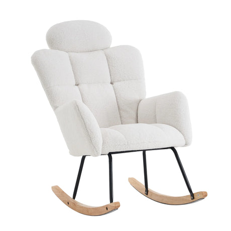 Contemporary Teddy Fabric Upholstered Nursery Rocking Glider Chair With High Backrest And Pillow - Furniture Home Direct