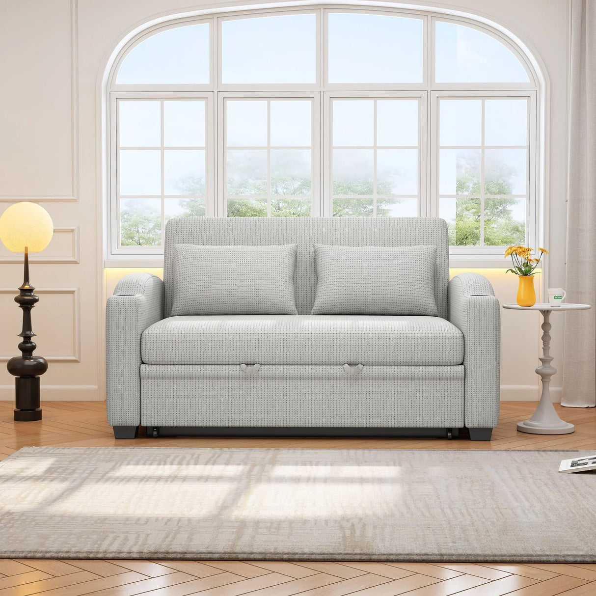 Pull Out Loveseat Sofa With Adjsutable Backrest, 2 Pillows, Cup Holders, USB Ports For Living Room - Furniture Home Direct
