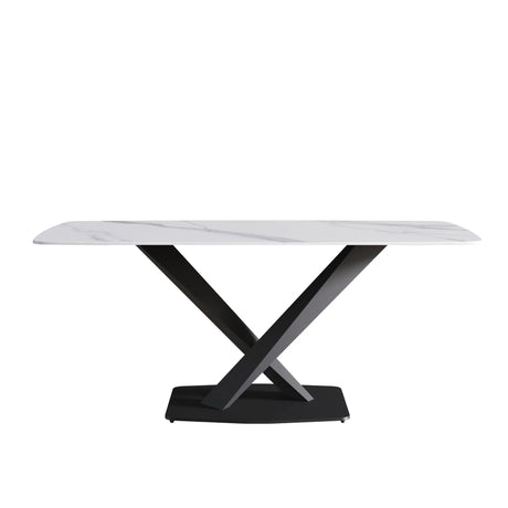 70.87" Modern Artificial Stone White Curved Black Metal Leg Dining Table, Can Accommodate 6-8 People - White / Black - Furniture Home Direct