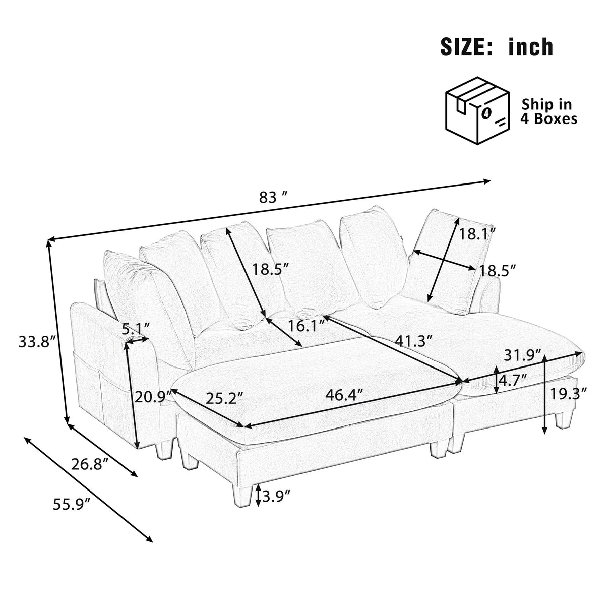 Upholstered L Shaped Sectional Sofa With Storage, Movable Ottoman, And 6 Throw Pillows - Furniture Home Direct