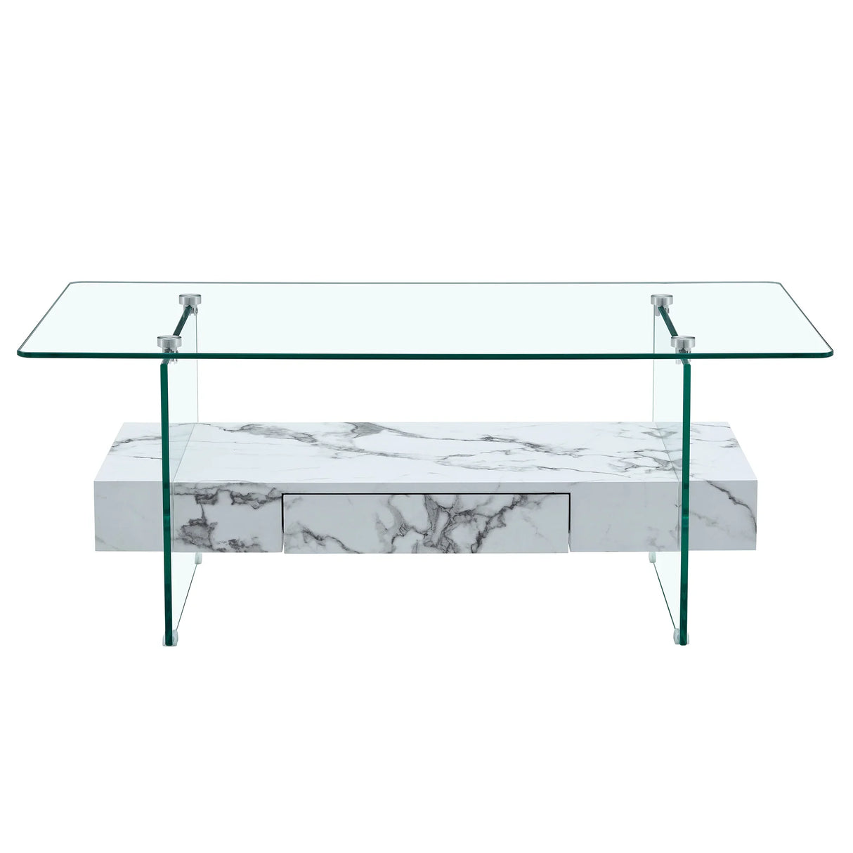 Coffee Table Glass Top Marble Base Modern Style White - Furniture Home Direct