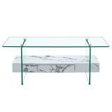 Coffee Table Glass Top Marble Base Modern Style White - Furniture Home Direct