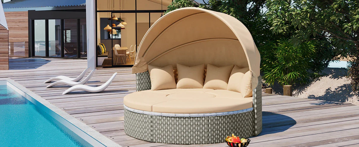 Outdoor Daybed With Canopy Weatherproof Rattan Beige - Furniture Home Direct
