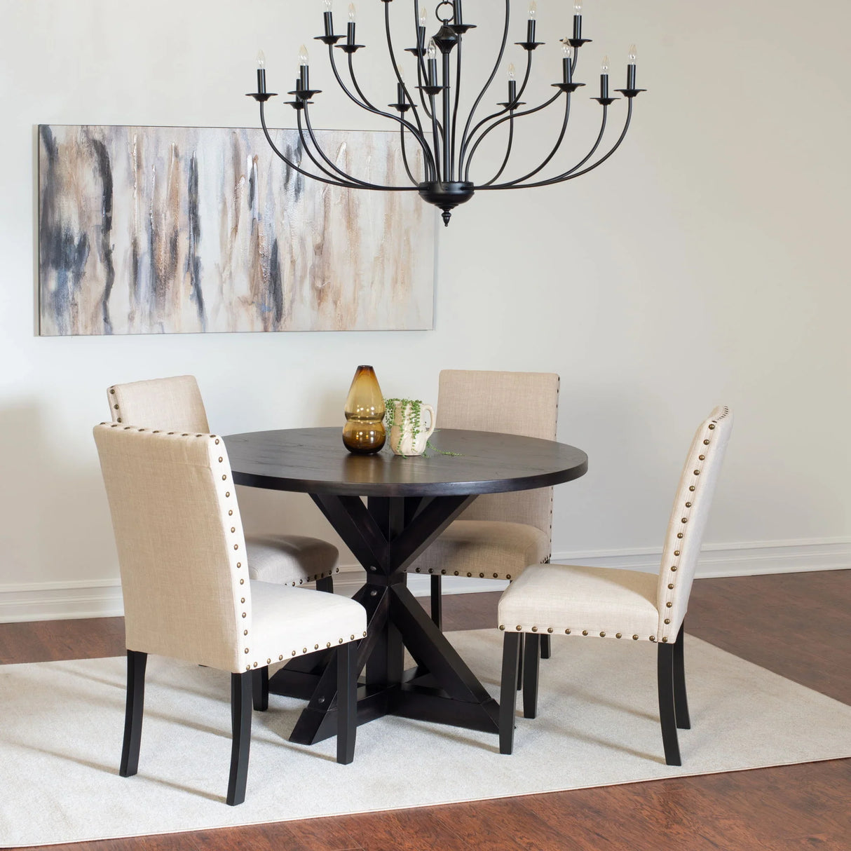 Mytzi - 5 Piece Dining Set, Cross-Buck Dining Table With 4 Stylish Chairs - Black / Beige - Furniture Home Direct