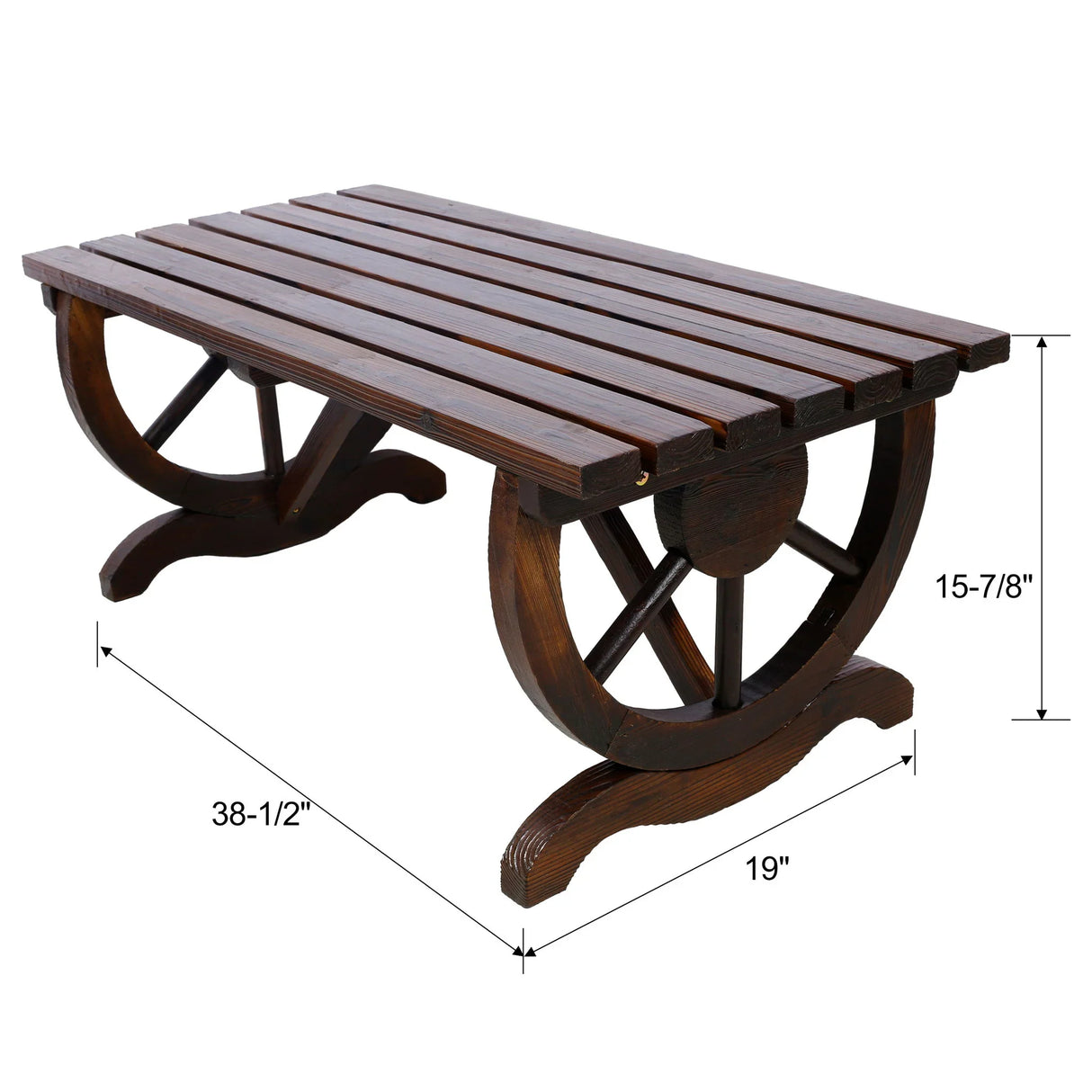 Rustic Wooden Bench With Wagon Wheel Legs For Garden And Patio - Brown - Furniture Home Direct