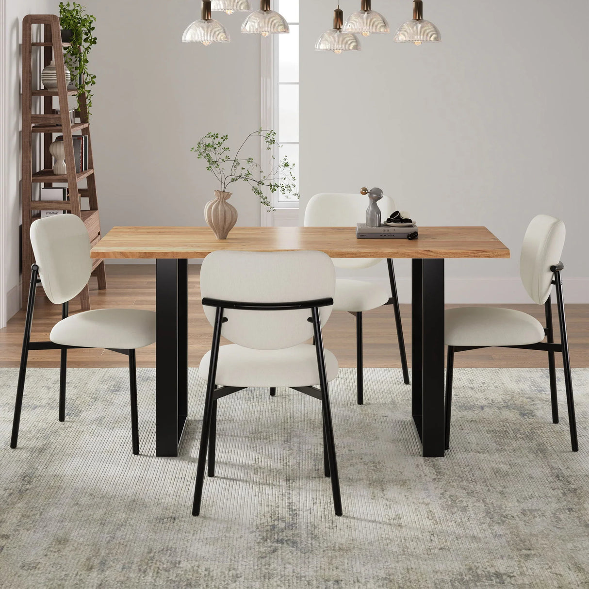Mid Century 5 Piece Dining Set With Upholstered Dining Chairs And Metal Legs, Solid Wood Top Metal Base Dining Table - Beige / Black