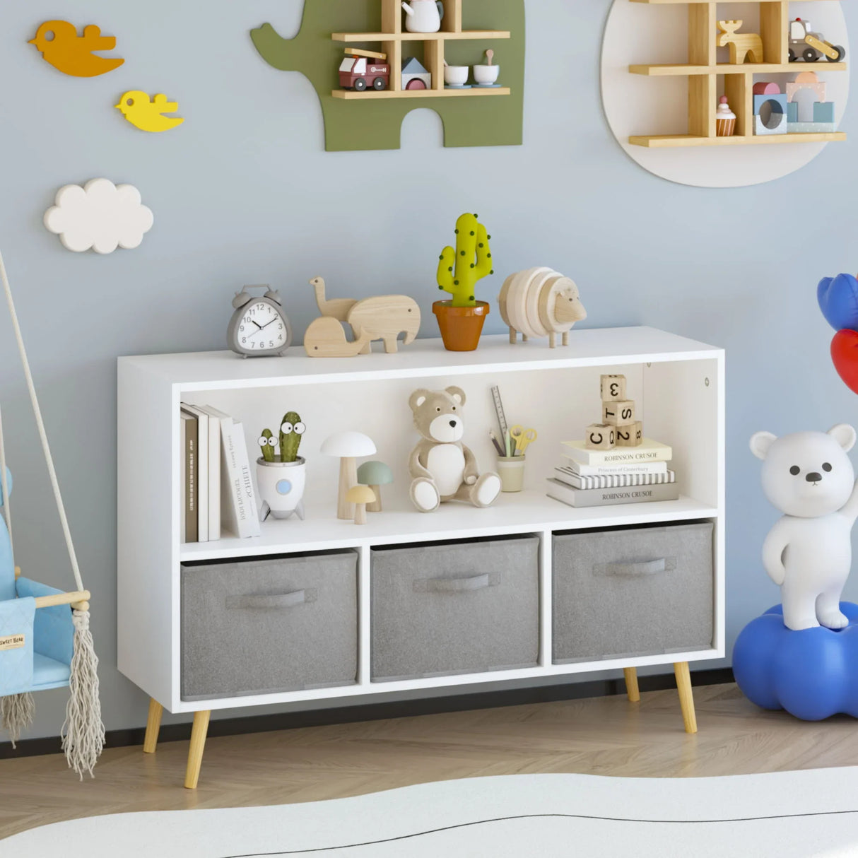 Kids Bookcase With Collapsible Fabric Drawers, Children's Book Display, Toy Storage Cabinet Organizer - White / Gray - Furniture Home Direct