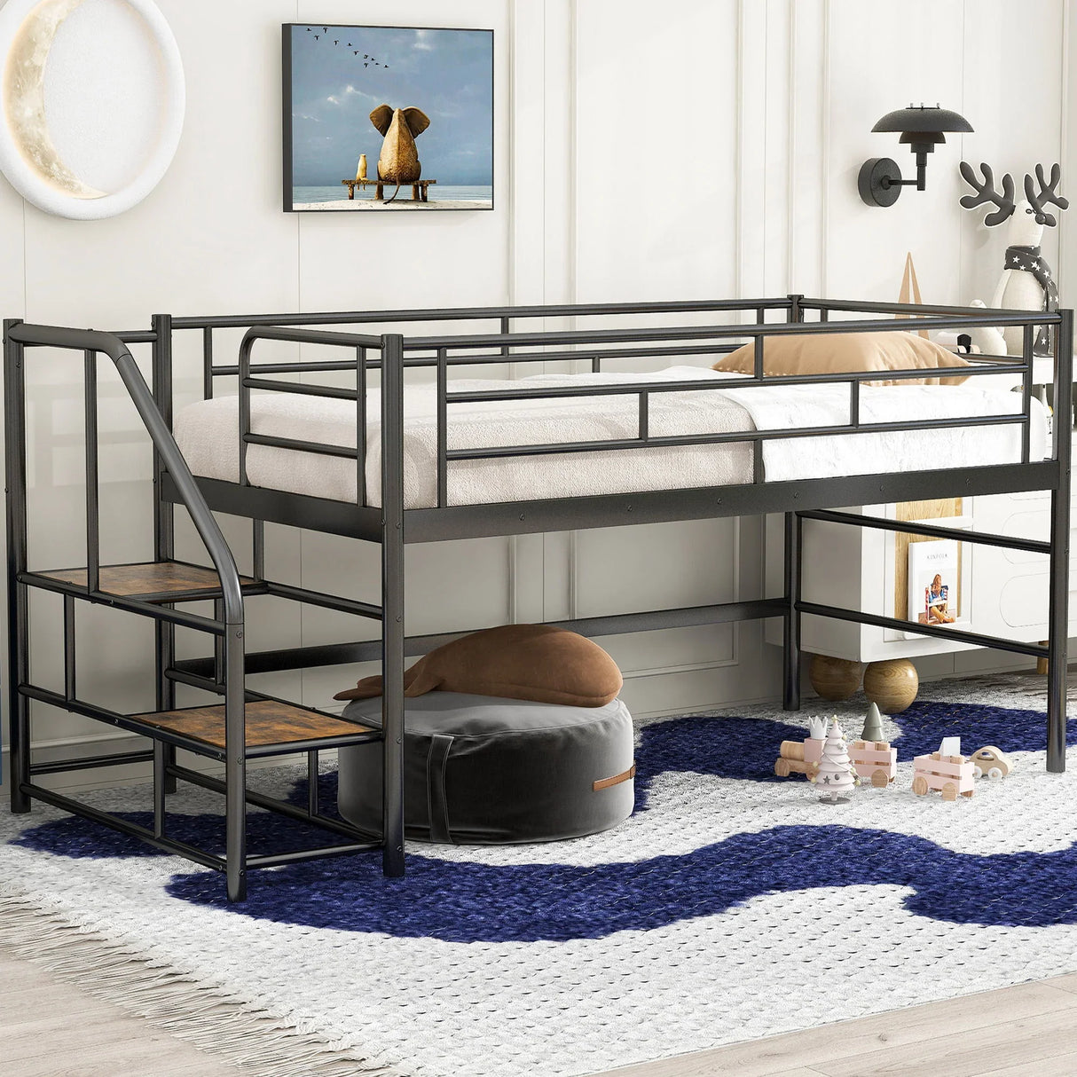 Loft Bed With Storage Stairs And Metal Frame - Furniture Home Direct