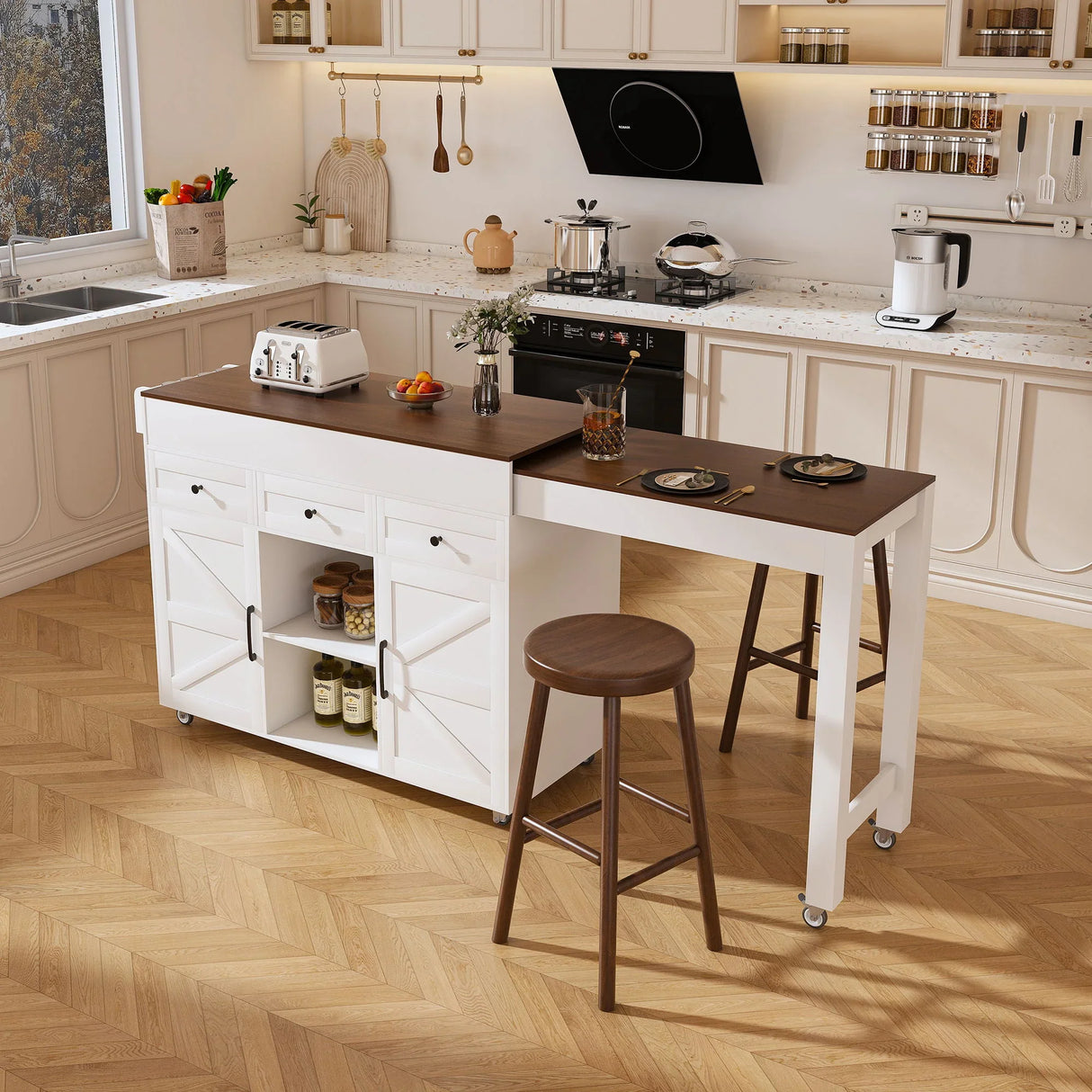 Modern Kitchen Island With Extendable Dining Table & Power Outlet - White - Furniture Home Direct