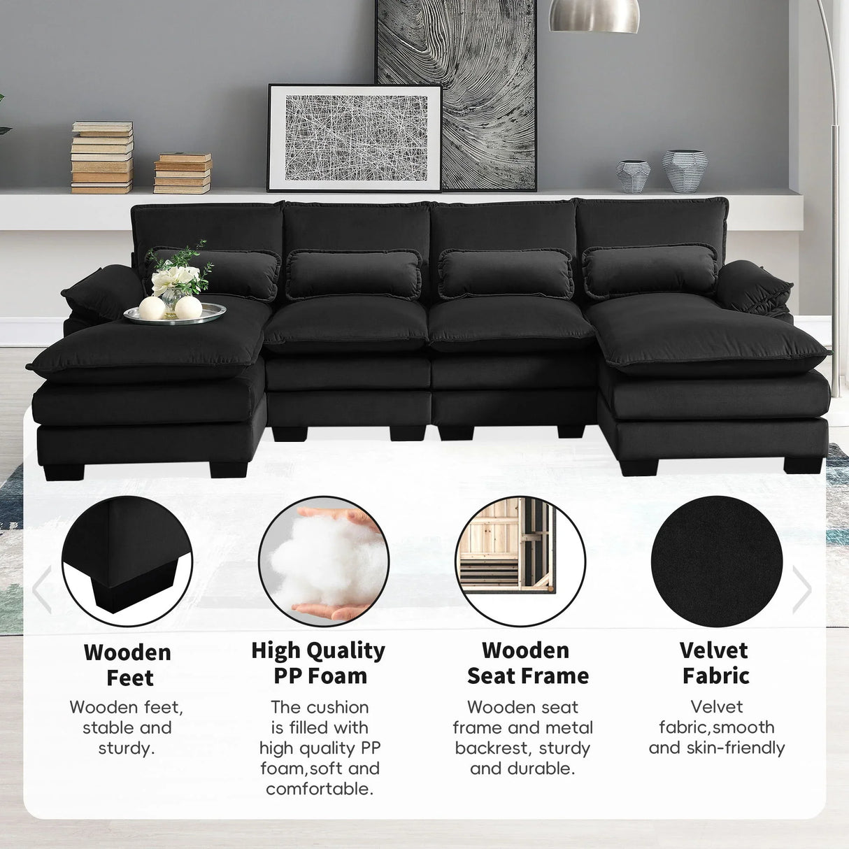 Modern U-Shaped Sectional Sofa With Waist Pillows, 6 Seat Upholstered Symmetrical Sofa Furniture, Sleeper Sofa Couch With Chaise Lounge For Living Room - Furniture Home Direct