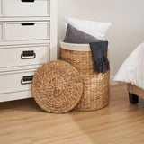 Round Tall Water Hyacinth Woven Wicker Laundry Hamper With Lid - For Clothes, Canvas, Toys And Book Storage With Removable Liner - 15" X 15" X 20" - Natural Brown - Furniture Home Direct