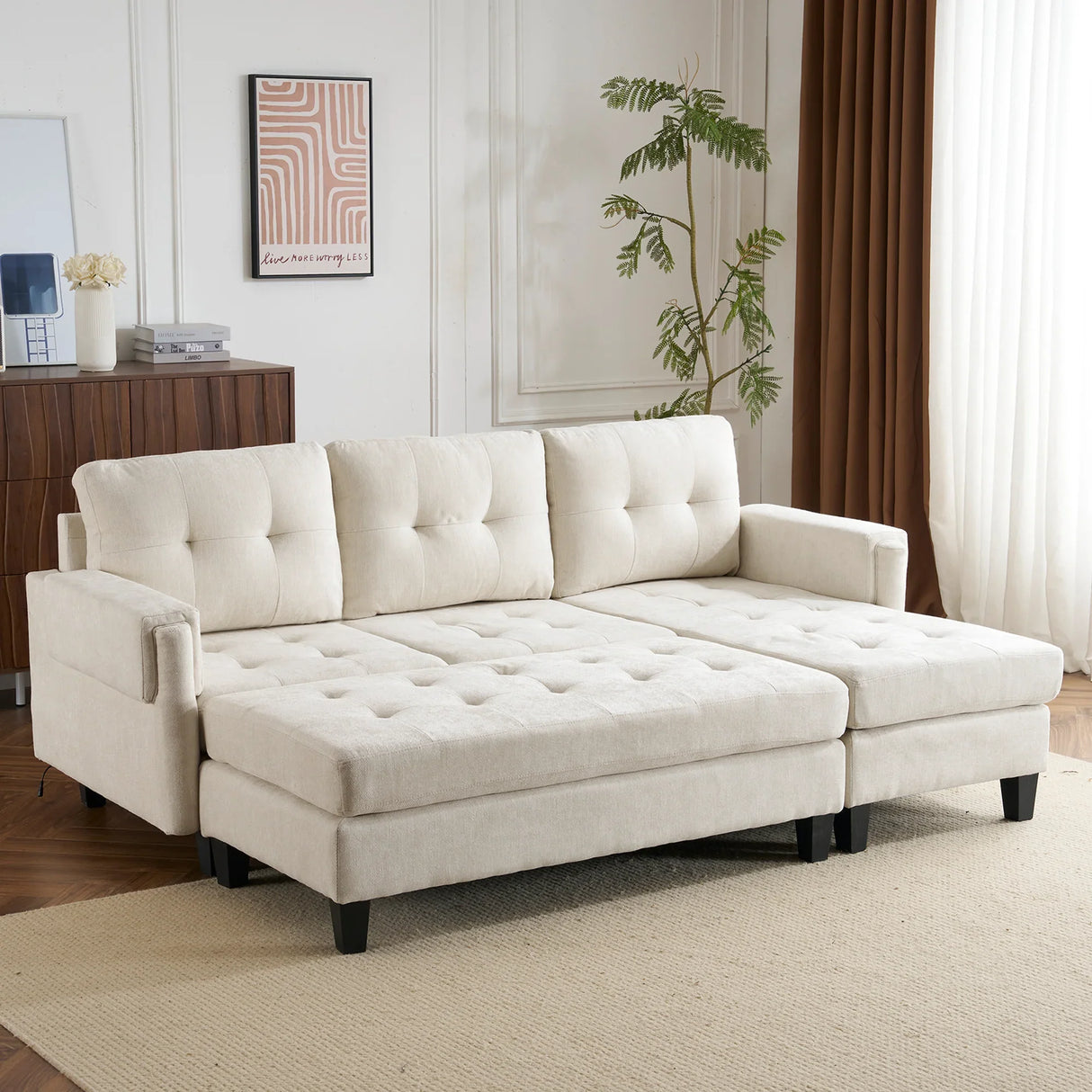 Sleeper Sectional Chenille L Shaped With Chaise Beige - Furniture Home Direct