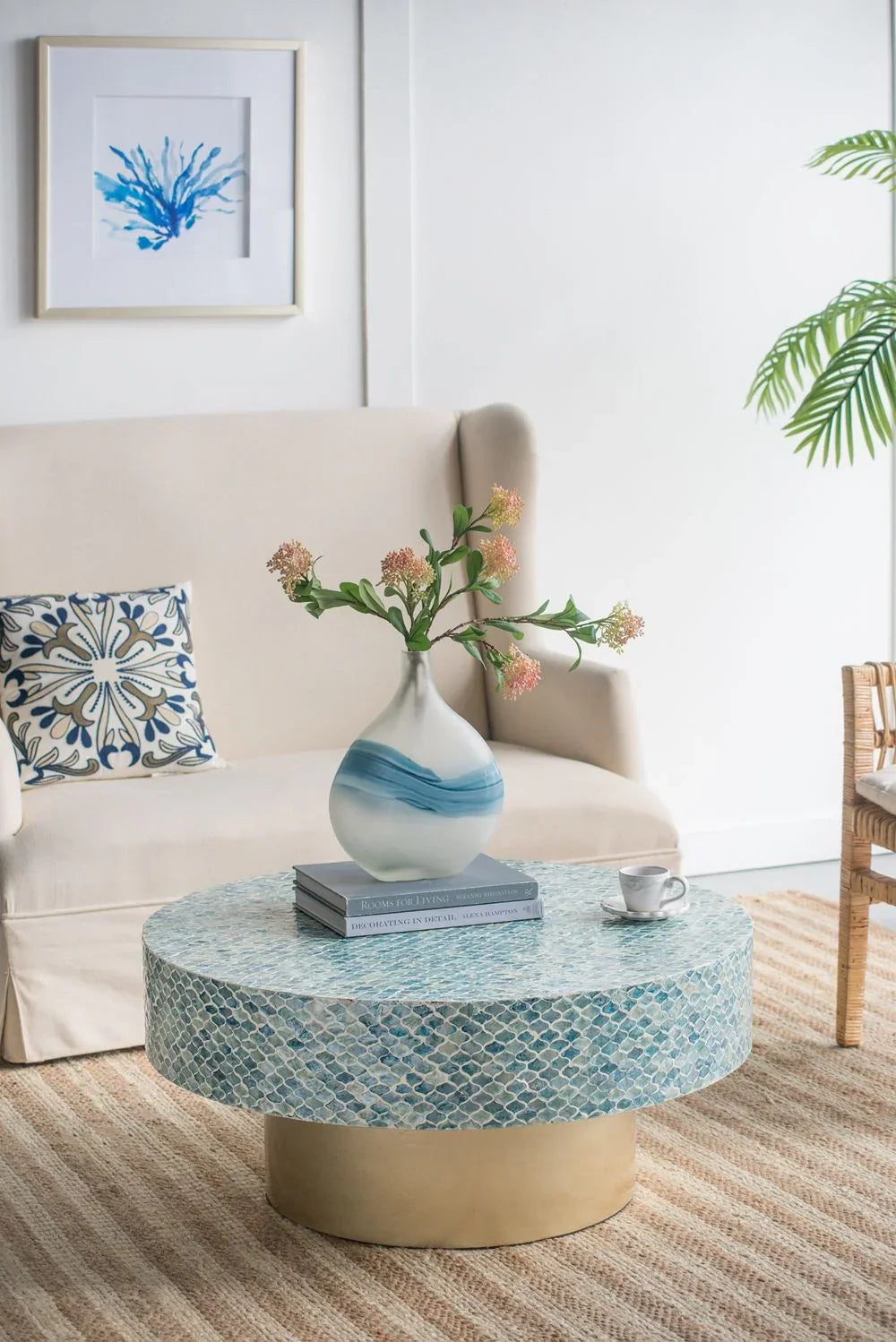 Unique Capiz Coffee Table & Pedestal Base - Furniture Home Direct