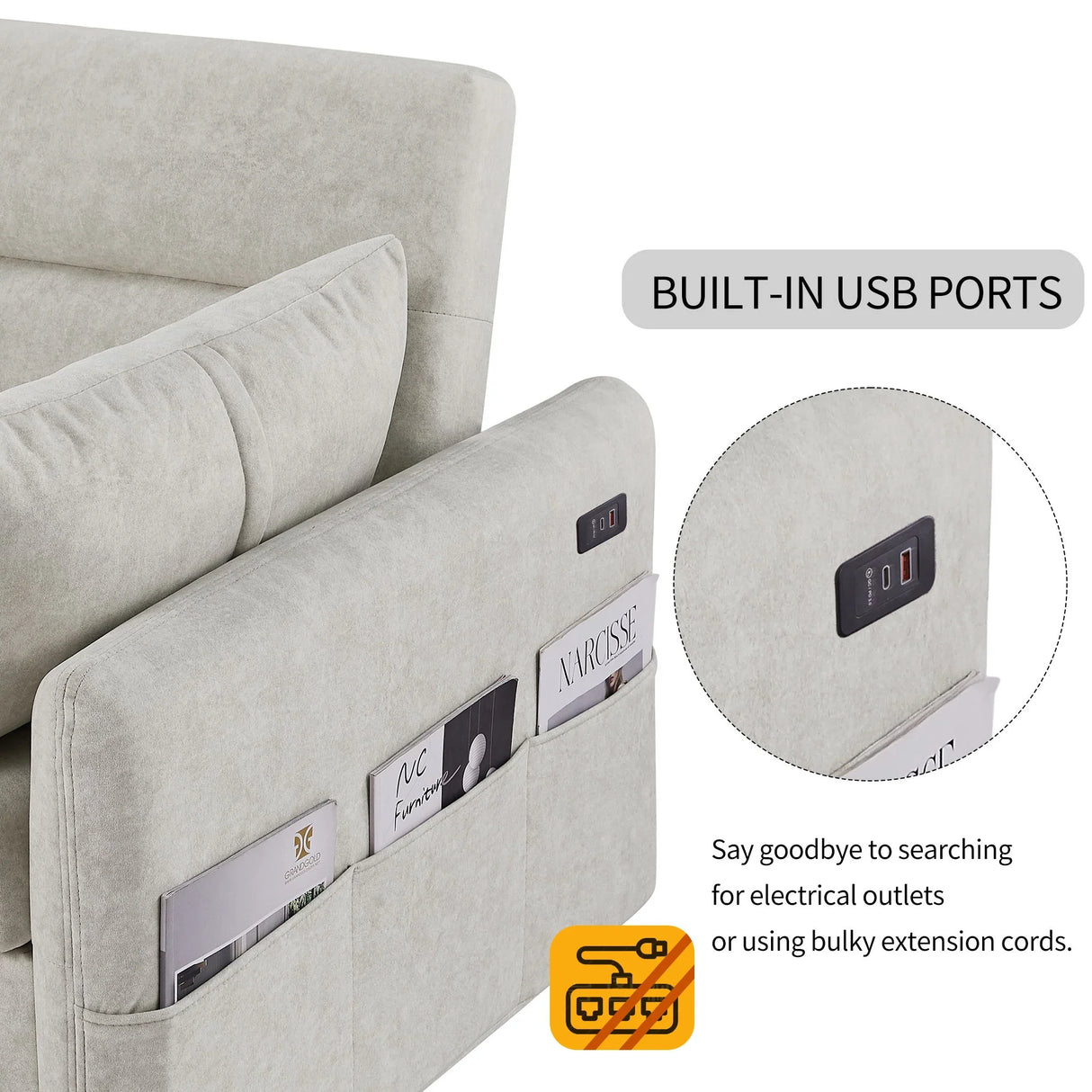 Pull Out Sleep Sofa Bed Loveseats Sofa Couch With Adjsutable Backrest, Storage Pockets, 2 Soft Pillows, USB Ports For Living Room, Bedroom, Apartment, Office - Furniture Home Direct