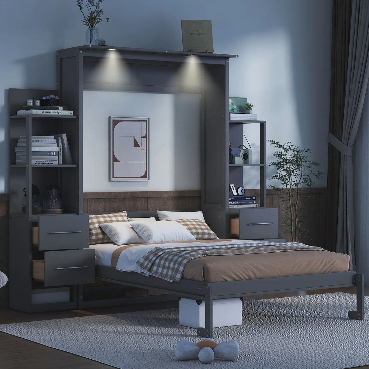 Murphy Wall Bed With Shelves, Drawers And LED Lights - Furniture Home Direct