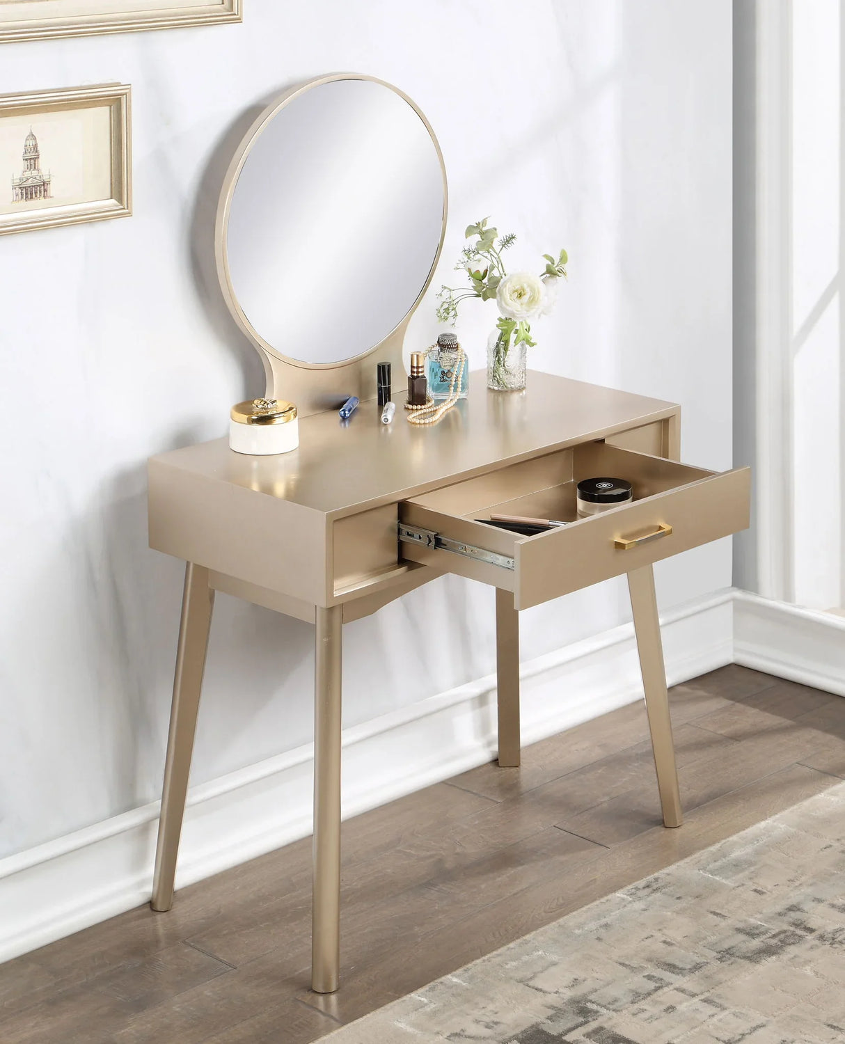 Maly - Contemporary Wood Vanity And Stool Set - Gold - Furniture Home Direct