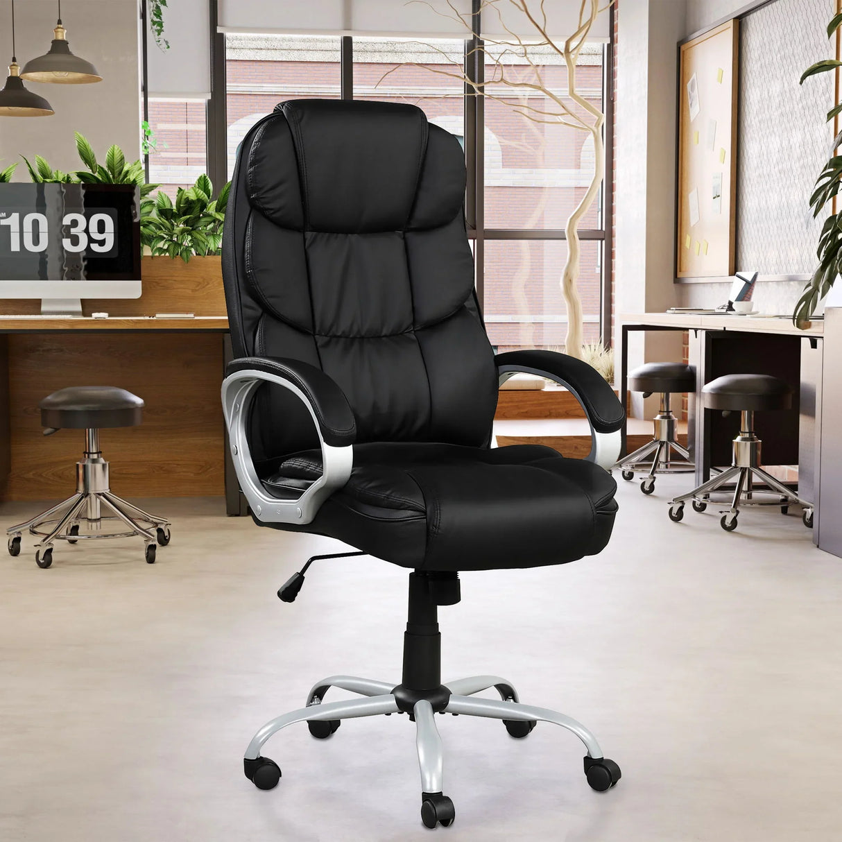 Upholstered Office Chair, Adjustable Height Swivel Chair - Black - Furniture Home Direct
