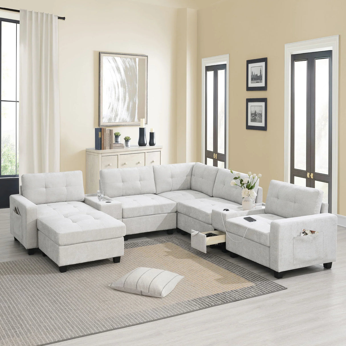 Sectional With Acrylic Table Top U Shaped Couch Set With 2 Consoles USB Charger, Storage Drawers And Pockets Movable Ottoman Tufted Sofa - Furniture Home Direct