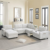 Sectional With Acrylic Table Top U Shaped Couch Set With 2 Consoles USB Charger, Storage Drawers And Pockets Movable Ottoman Tufted Sofa - Furniture Home Direct