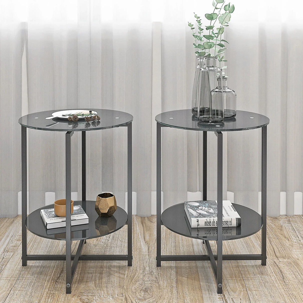 JWS Tempered Glass End Table (Set of 2), Round Coffee Table For Bedroom Living Room Office - Black - Furniture Home Direct