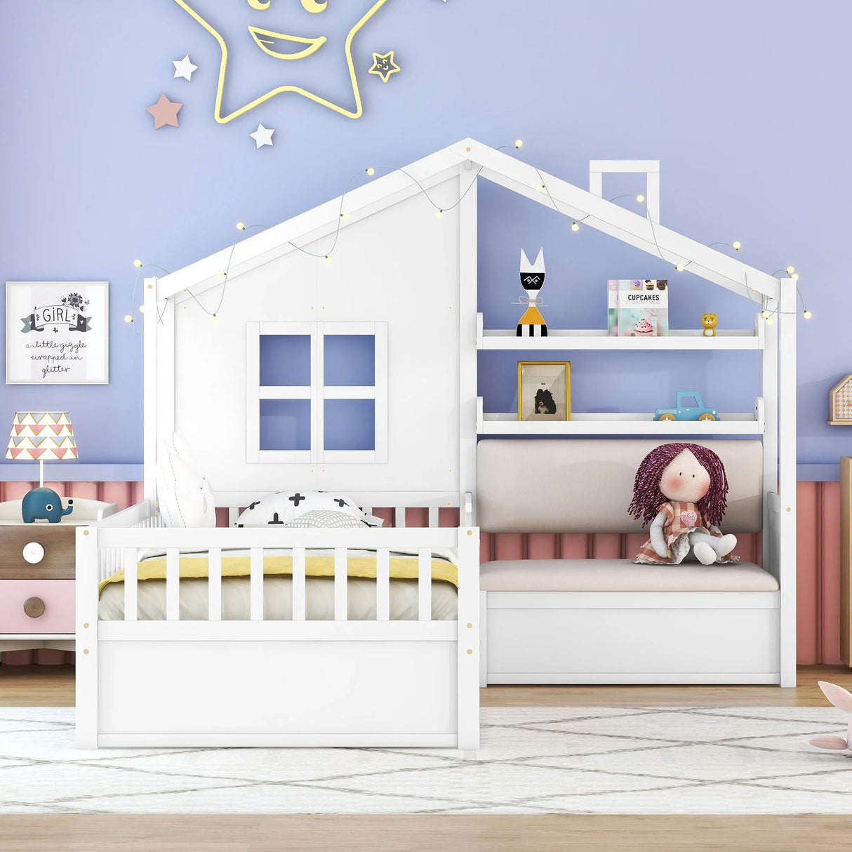 House Bed With Sofa, Kids Platform Bed With 2 Drawers And Storage Shelf - Furniture Home Direct
