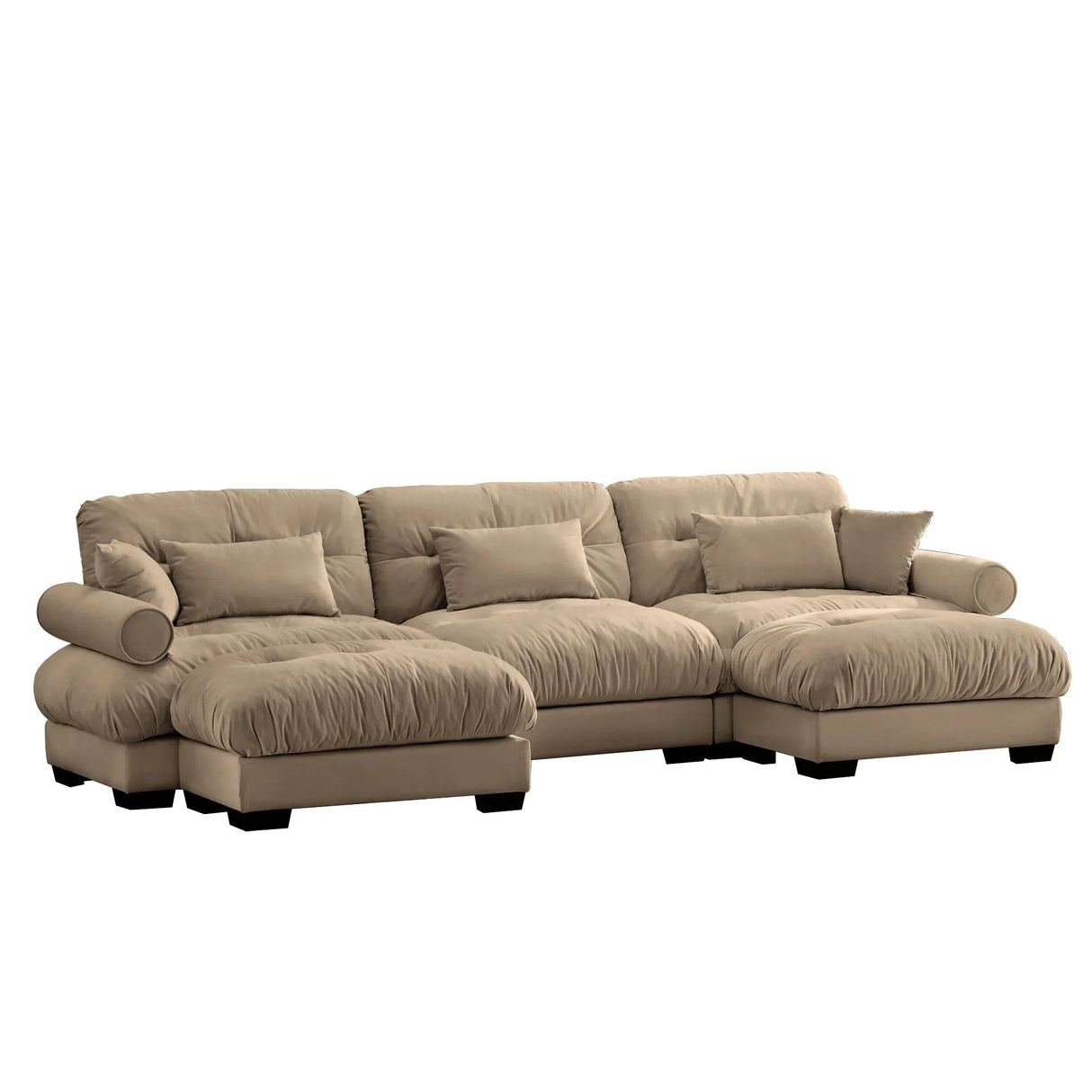 Modern Sectional Sofa With Ottoman, Round Bolster Armrests, Waist And Throw Pillows - Furniture Home Direct