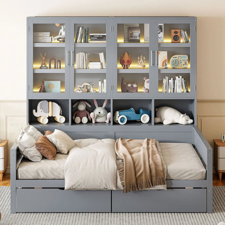 Daybed With Glass Door Storage Cabinets, Built In LED Lighting And Shelves - Furniture Home Direct