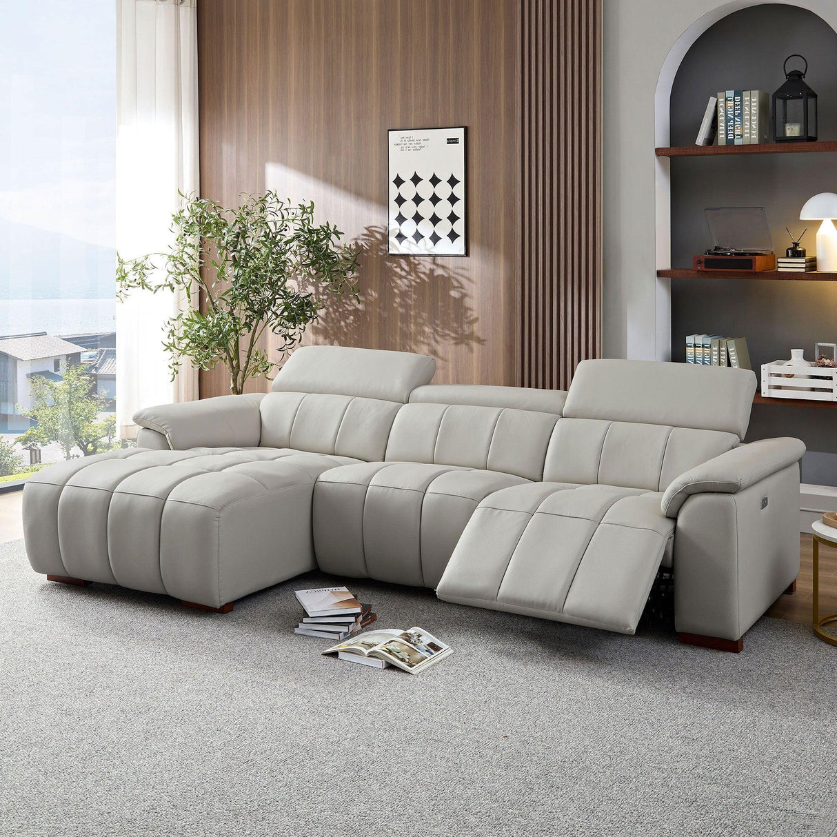 Genuine Leather Power Reclining Sectional - Light Gray - Furniture Home Direct