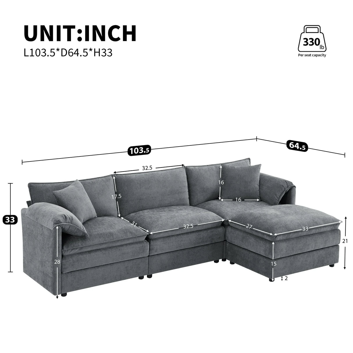 Modular Sectional With Deep And Wide Seat, Cloud Couch Set With Double Cushions Sofa With Movable Ottoman - Furniture Home Direct