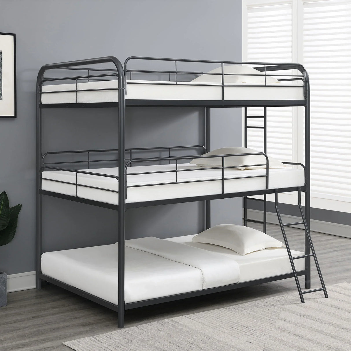 Triple Bunk Bed, Full Size With Sturdy Metal Frame And Safe Stairs - Black - Furniture Home Direct