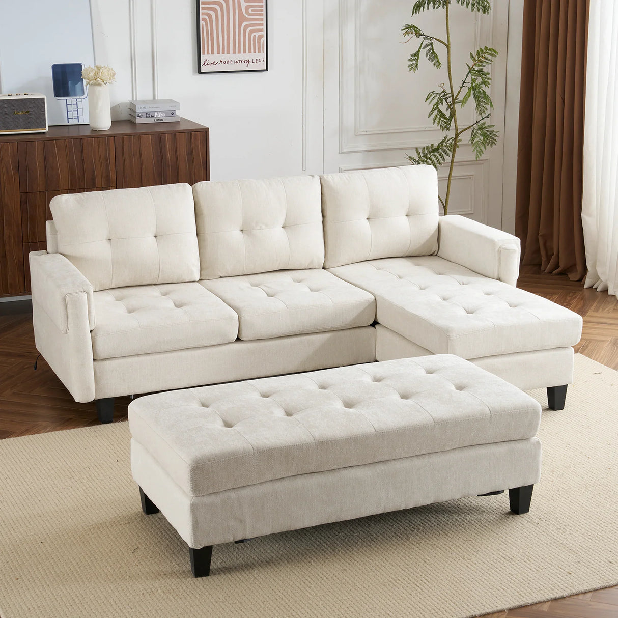 Sleeper Sectional Chenille L Shaped With Chaise Beige - Furniture Home Direct