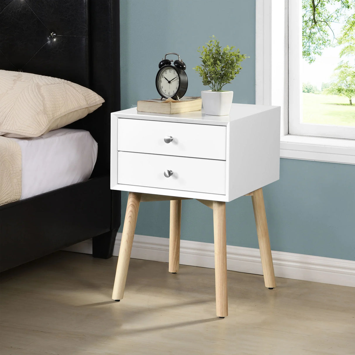 Mid Century Modern Nightstand With 2 Drawers - White - Furniture Home Direct