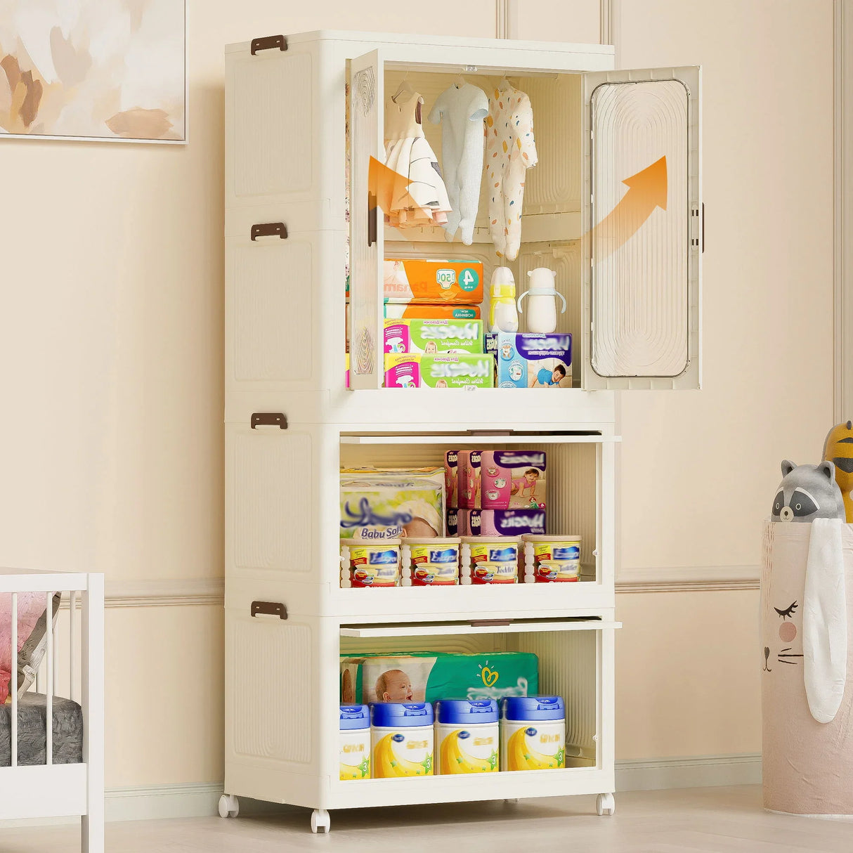 Portable Wardrobe Closet Storage Organizer With Magnetic Doors And Hanging Rod - Cream White - Furniture Home Direct